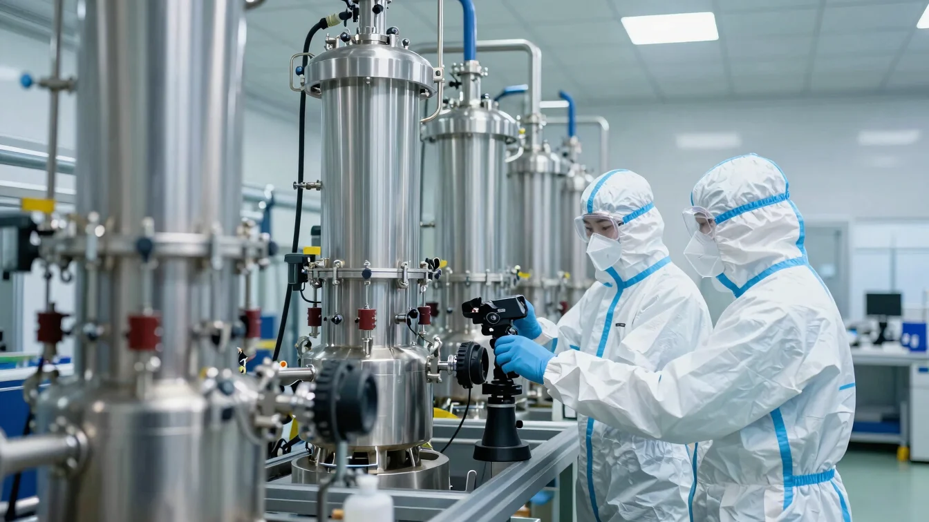 Technicians in full protective equipment monitoring automated chemical processing lines