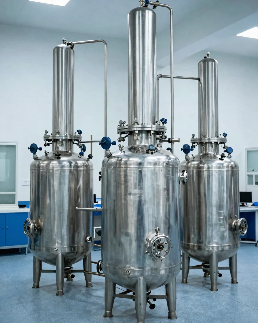 Stainless steel reaction vessels in a bright industrial processing facility with clean bright lighting