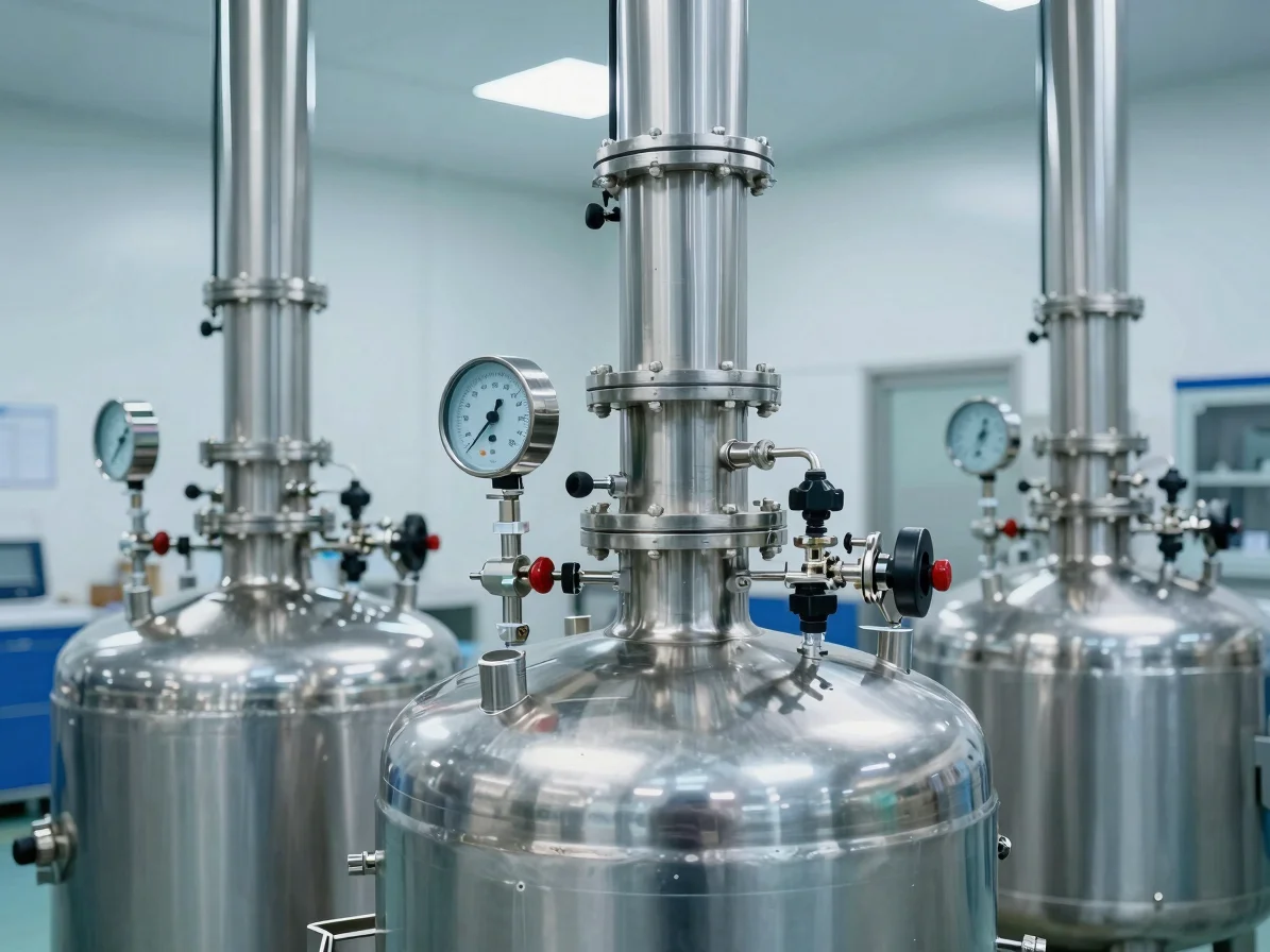 Stainless steel reaction vessels processing high-purity industrial solvents under controlled lighting, sharp focus on te