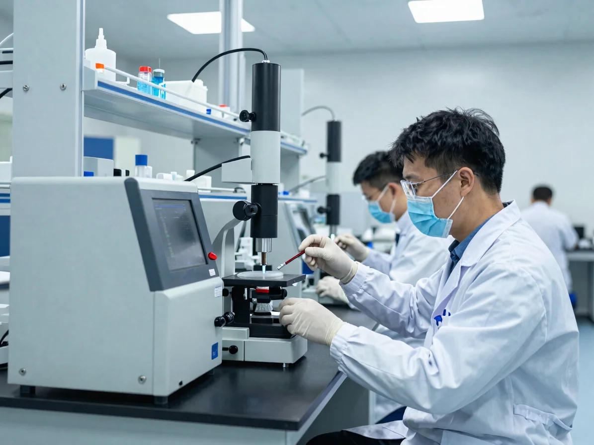 Quality assurance laboratory equipment and technicians analyzing chemical compound samples in a bright modern facility