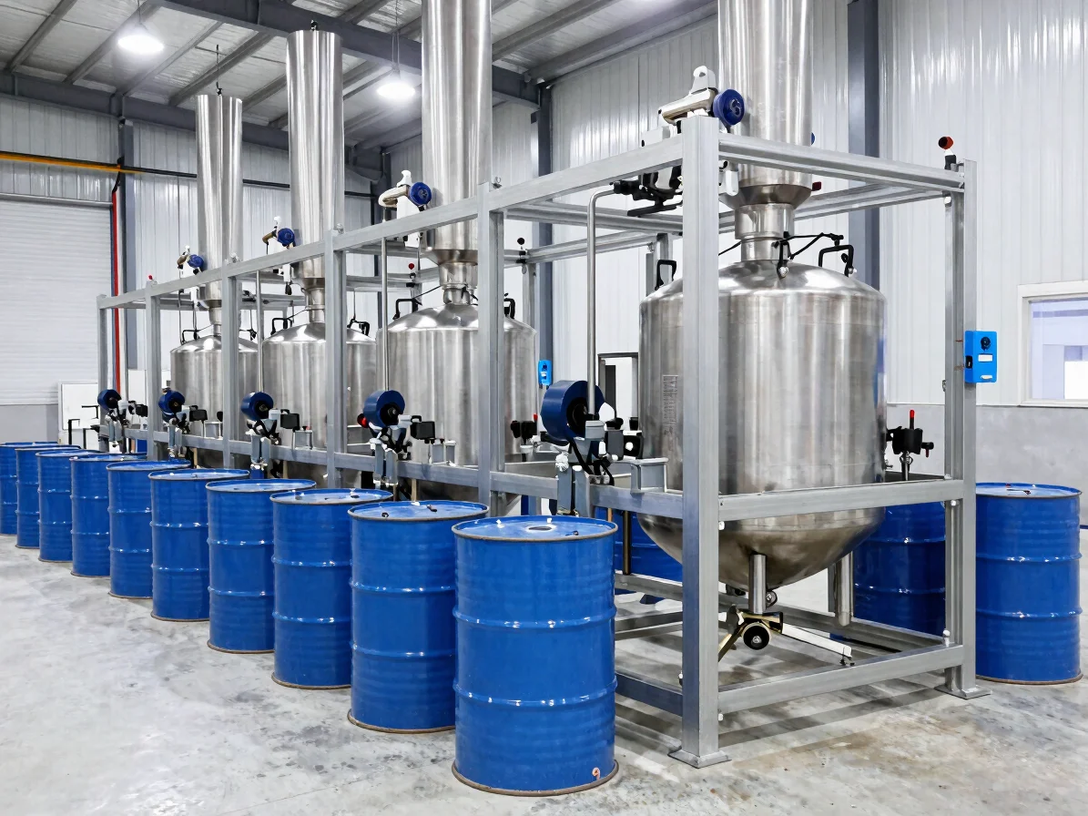 Automated chemical drum filling stations and structured logistics staging in a clean industrial warehouse