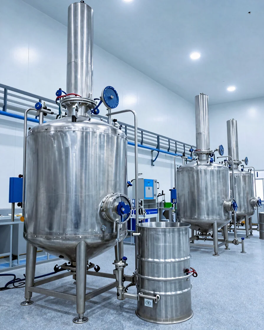 Wide facility view of stainless steel reaction vessels and automated chemical drum filling under bright industrial overh